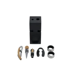 Accessoire à vin 6 pièces avec support en bois noir 6x6xH16cm