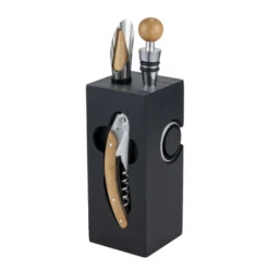 Accessoire à vin 6 pièces avec support en bois noir 6x6xH16cm
