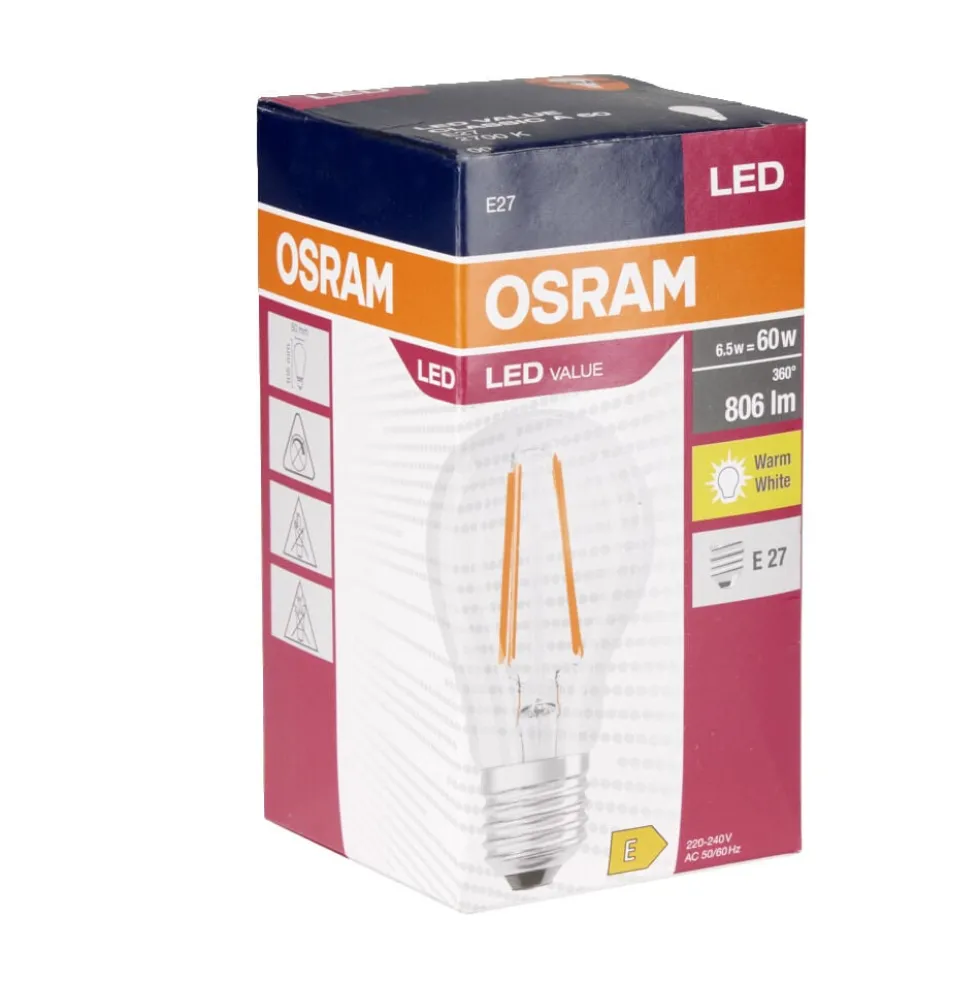 Ampoule LED filament E27 A60 blanc chaud Osram 6,5W=60W 806lms classe E