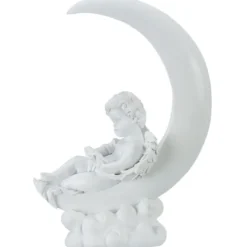 Ange funéraire assis décor lune blanc H29 cm