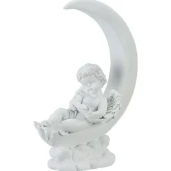 Ange funéraire assis décor lune blanc H29 cm