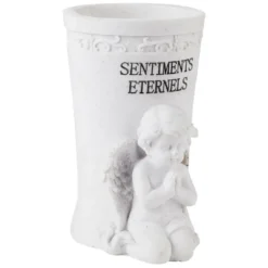 Ange funéraire avec vase à fleurs H18 cm résine blanc