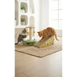 Arbre à chat forme fleur 1 perchoir 1 griffoir 3 jeux jaune et vert Ø26xH35cm
