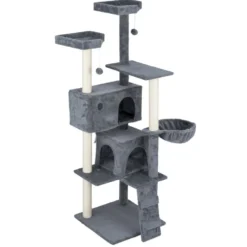 Arbre à chat XXL en bois 5 niveaux jute et tissu doux gris 49x49xH160cm