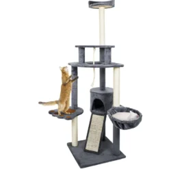 Arbre à chat XXL 4 niveaux gris couchage grifffoir H165cm