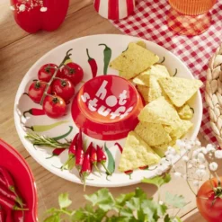 Assiette de présentation dolomite compartiment sauce motif piment Ø24cm (2 modèles)
