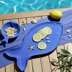 Assiette de présentation forme poisson céramique bleu 20x41cm