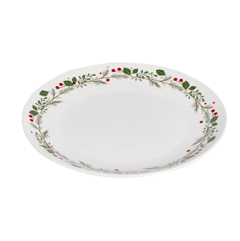 Assiette plate porcelaine blanche motif feuillage de Noël Ø27cm