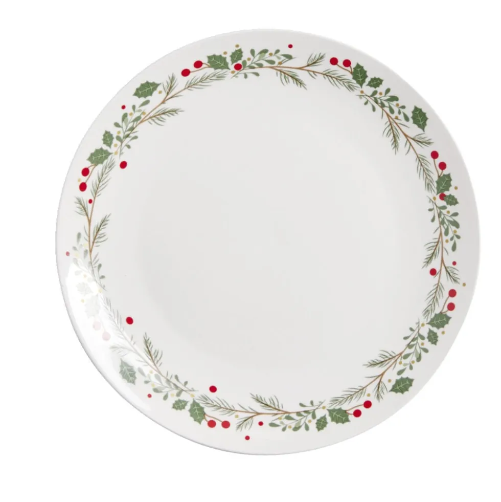 Assiette plate porcelaine blanche motif feuillage de Noël Ø27cm