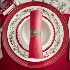 Assiette plate porcelaine blanche motif feuillage de Noël Ø27cm
