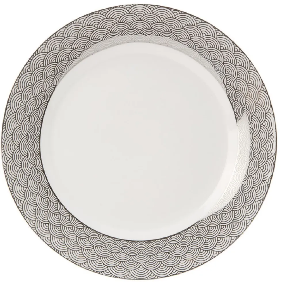 Assiette plate porcelaine blanche bord motif argenté Ø26.5cm