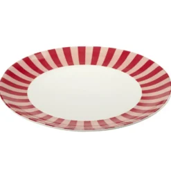 Assiette plate porcelaine motifs noeud et rayures blancs et rouges Ø26,5cm
