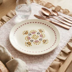 Assiette plate x4 ronde faïence beige motif floral vintage rose et orange Ø26cm