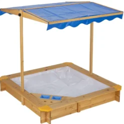 Bac à sable avec toit inclinable en bois et toile bleue 118x118xH118cm
