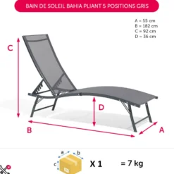 Bain de soleil Bahia pliant 5 positions gris 182x55xH34-92cm