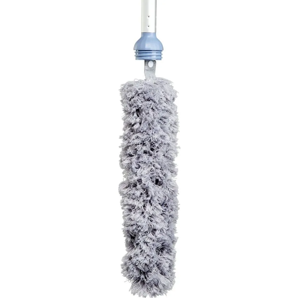 Balai avec plumeau intégré au manche gris et bleu