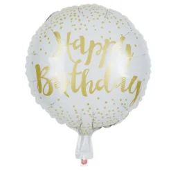 Ballon alu anniversaire Happy Birthday blanc et doré Ø45cm