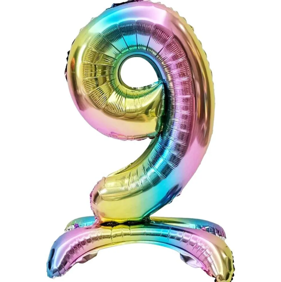 Ballon chiffre 9 avec support aluminium arc-en-ciel 51xH81cm