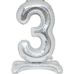 Ballon chiffre 3 doré ou argenté H80 cm avec support