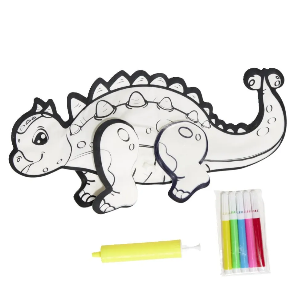 Ballon à colorier en forme de dinosaure L14cm avec 5 feutres et gonfleur