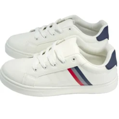 Baskets unisexe simili blanc rayures rouges et bleues T37