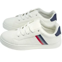 Baskets unisexe simili blanc rayures rouges et bleues T43