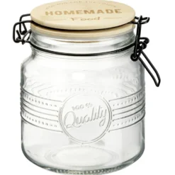 Bocal hermétique rond transparent avec couvercle en bambou H14,5 cm
