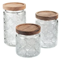 Bocal x3 verre transparent avec couvercle bois acacia 560/770/1000ml