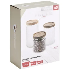 Bocal x3 verre transparent avec couvercle bois acacia 560/770/1000ml
