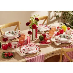 Bol porcelaine thème piment motif quadrillage rouge rose blanc Ø11,5xH6cm