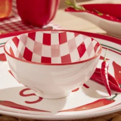 Bol porcelaine thème piment motif quadrillage rouge rose blanc Ø11,5xH6cm