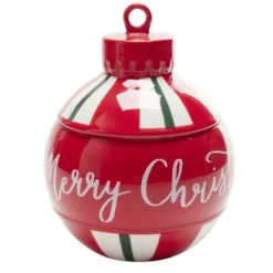 Bonbonnière boule de Noël Merry Christmas rouge et blanc Ø15,5xH20cm