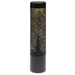 Borne solaire cylindrique métal ajouré noir 1LED blanc chaud Ø8,5xH33,5cm