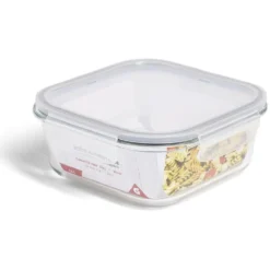 Boîte alimentaire carrée en verre couvercle plastique clips 1,1L