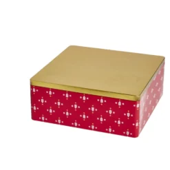 Boîte alimentaire carrée motif Noël métal rouge et dorée 26x26xH10cm
