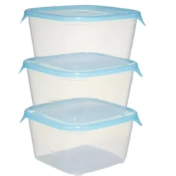 Boîte alimentaire 1,2L x3 Fresh Go carré plastique transparent et bleu 15,5x15,5cm