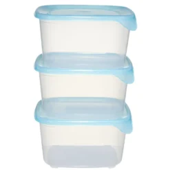 Boîte alimentaire 1,2L x3 Fresh Go carré plastique transparent et bleu 15,5x15,5cm