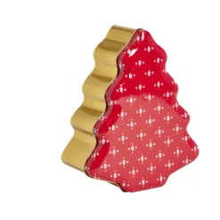 Boîte alimentaire Noël forme sapin métal rouge et doré 18x14,5xH6,5cm