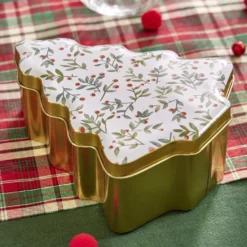 Boîte alimentaire Noël forme sapin doré motifs houx 18x14,5xH6,5cm
