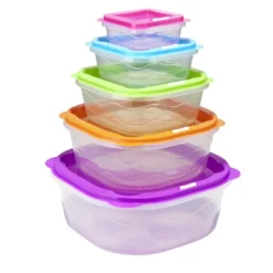 Boîte alimentaire x5 emboîtable plastique couvercle multicolore 25x25xH10,5cm
