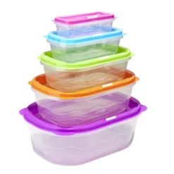 Boîte alimentaire x5 emboîtable plastique couvercle multicolore 27x19xH9,5cm