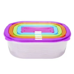 Boîte alimentaire x5 emboîtable plastique couvercle multicolore 27x19xH9,5cm