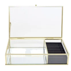 Boîte à bijoux métal et verre 23x14,5xH5cm (2 modèles doré ou noir)