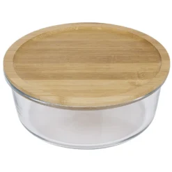 Boîte de conservation ronde en verre avec couvercle en bambou 1,2L