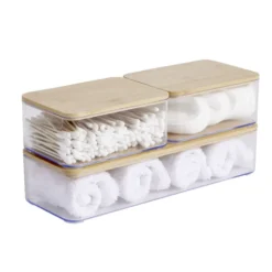 Boîte de rangement x3 plastique transparent couvercle bambou