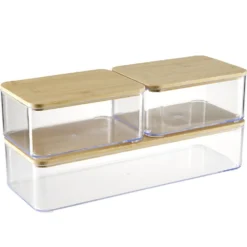 Boîte de rangement x3 plastique transparent couvercle bambou