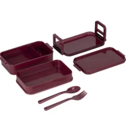 Boîte déjeuner rectangulaire plastique 2 niveaux et couverts 18x10xH8,5cm (2 modèles)