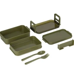 Boîte déjeuner rectangulaire plastique 2 niveaux et couverts 18x10xH8,5cm (2 modèles)