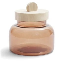 Boîte en verre marron + couvercle bois Ø12xH16cm