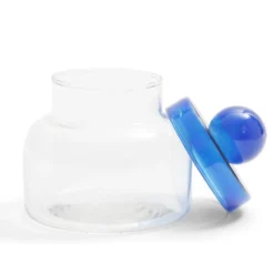 Boîte en verre transparent + couvercle bleu Ø12xH16cm